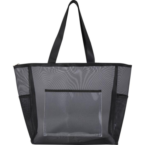 Sac shopping en mesh noir vu de face avec poche frontale transparente, présenté sans personnalisation visible.