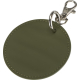 Porte-clés rond vert en matière synthétique avec anneau métallique et mousqueton, présenté sans marquage visible.