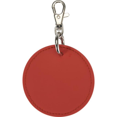 Porte-clés rond rouge avec attache métallique, sans personnalisation apparente.
