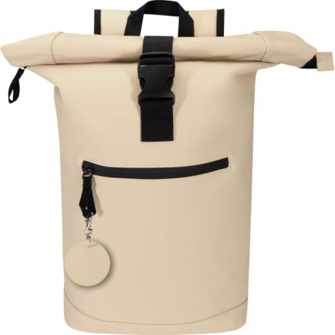 Porte-clés rond beige accroché à un sac, présenté sans marquage visible.