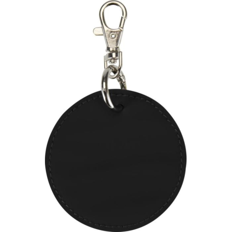 Porte-clés rond noir avec mousqueton métallique, présenté sans marquage visible.