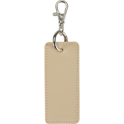 Porte-clés rectangulaire beige avec couture apparente sur le pourtour et attache métallique, présenté sans personnalisation appa