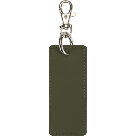 Porte-clés rectangulaire vert avec finition mate et couture apparente, présenté sans personnalisation visible.