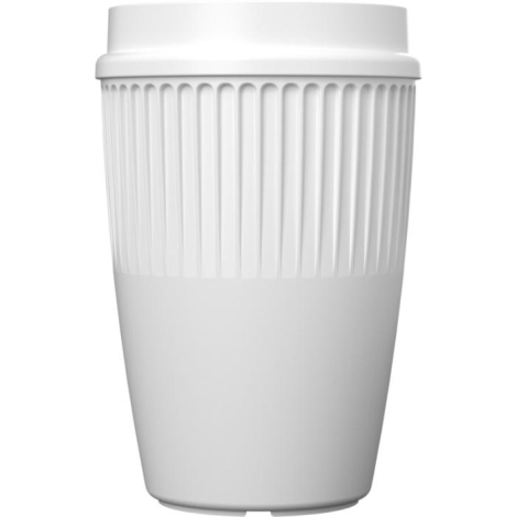 Gobelet blanc avec couvercle assorti et relief vertical sur la partie supérieure, présenté sans personnalisation apparente.