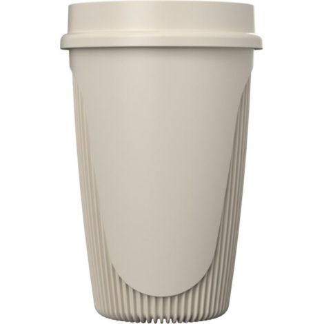 Gobelet beige avec couvercle assorti et relief vertical sur la partie basse, présenté sans marquage visible.