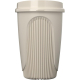 Gobelet beige avec couvercle assorti et relief vertical sur la partie basse, présenté sans personnalisation apparente.