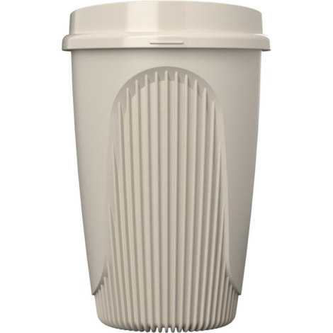 Gobelet beige avec couvercle assorti et relief vertical sur la partie basse, présenté sans personnalisation apparente.