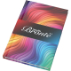 Carnet A5 à couverture rigide brillante avec bande centrale et personnalisation visible sur la couverture avant.