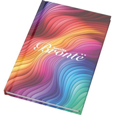 Carnet A5 à couverture rigide brillante entièrement imprimée avec personnalisation apparente sur la face avant.