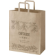 Sac en papier kraft avec poignées plates, présentant une personnalisation visible sur la face avant du sac. Sac en papier kraft avec poignées plates, présentant une personnalisation visible sur la face avant du sac.