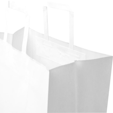 Vue rapprochée de sacs en papier blanc montrant l’intérieur et les poignées plates, sans marquage visible.
