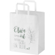 Sac en papier kraft blanc avec poignées plates, présentant une personnalisation visible sur la face avant du sac.