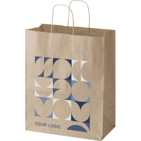 Sac en papier kraft naturel avec poignées torsadées, également présenté avec une personnalisation visible sur la face avant.