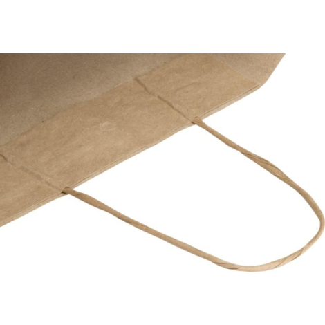 Zoom sur les poignées torsadées et le bord supérieur d’un sac en papier kraft, sans marquage visible.