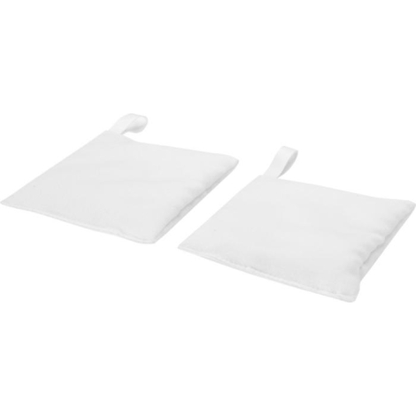Deux sachets carrés blancs en tissu avec boucle de suspension, sans personnalisation apparente.