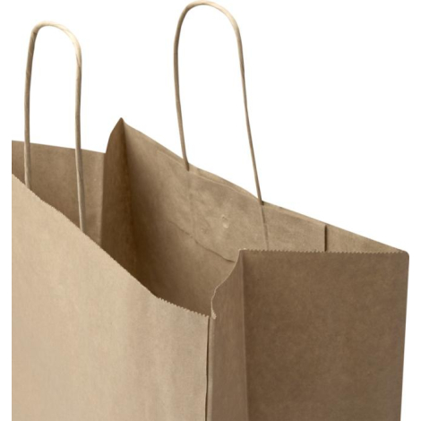 Vue rapprochée d’un sac en papier kraft montrant l’intérieur et les poignées torsadées, sans marquage visible.
