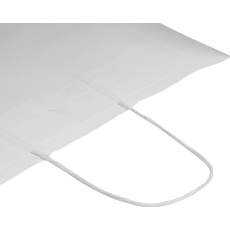 Vue du dessus d’un sac en papier blanc avec poignées torsadées, sans personnalisation apparente.