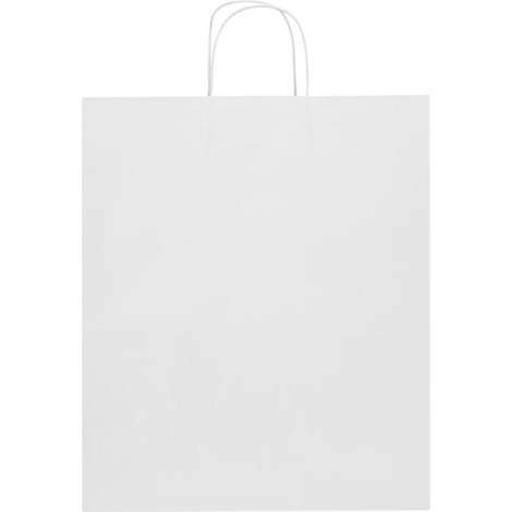 Sac en papier blanc vu de face avec poignées torsadées, présenté sans personnalisation visible.