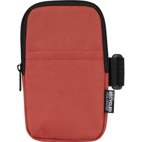 Étui rouge vu de face avec poche frontale ouverte, présenté sans personnalisation visible.