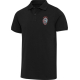 Polo unisexe noir à manches courtes présenté de face avec personnalisation visible sur la poitrine gauche.
