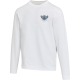 Pull unisexe blanc à col rond et manches longues présenté de face avec personnalisation visible sur la poitrine gauche.