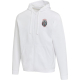 Sweat à capuche unisexe blanc avec fermeture zippée présenté de face avec personnalisation visible sur la poitrine gauche.