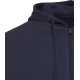 Vue rapprochée de la capuche et du haut d’un sweat à capuche unisexe bleu marine avec fermeture zippée sans marquage visible.