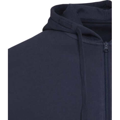 Vue rapprochée de la capuche et du haut d’un sweat à capuche unisexe bleu marine avec fermeture zippée sans marquage visible.