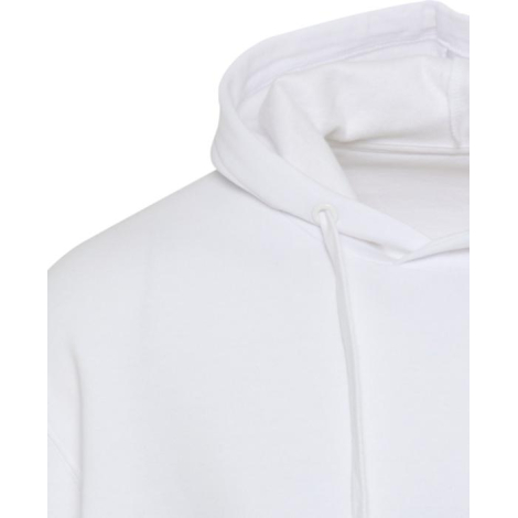 Vue détaillée de la capuche et du haut d’un sweat à capuche oversize unisexe blanc sans marquage visible.