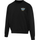 Pull unisexe oversize noir à col rond et manches longues présenté de face avec personnalisation visible sur la poitrine gauche. Pull unisexe oversize noir à col rond et manches longues présenté de face avec personnalisation visible sur la poitrine gauche.