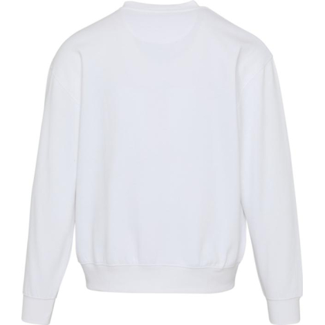 Pull unisexe oversize blanc à col rond et manches longues présenté de dos sans personnalisation visible.
