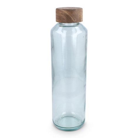 Bouteille d’eau transparente en verre recyclé avec bouchon en bois, présentée de face sans personnalisation visible.