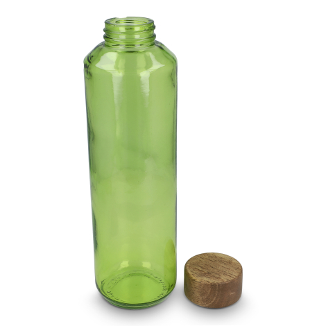 Bouteille d’eau verte en verre recyclé avec bouchon en bois retiré, présentée ouverte sans marquage apparent.