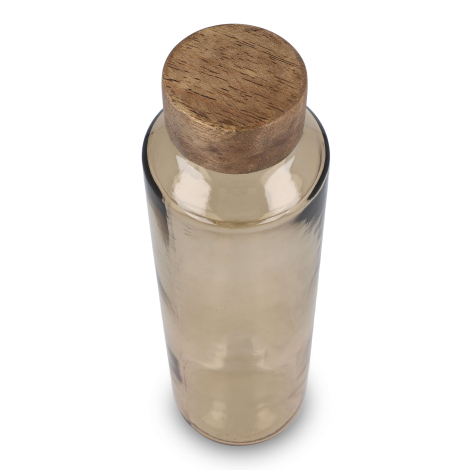 Vue de dessus d’une bouteille d’eau brun en verre recyclé avec bouchon en bois, sans personnalisation visible.