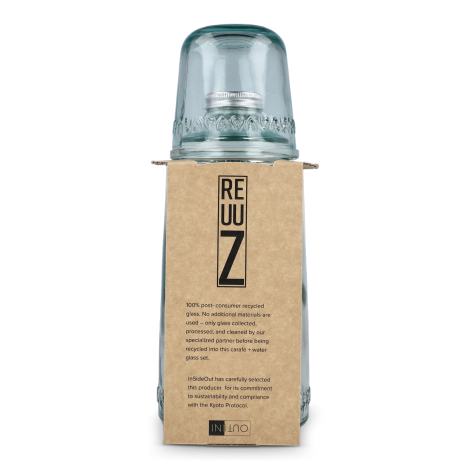 Ensemble carafe et verre présenté dans un packaging carton vu de dos, sans personnalisation visible.