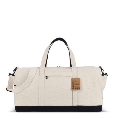 Sac de voyage beige présenté de profil avec étiquette produit visible, sans personnalisation visible.