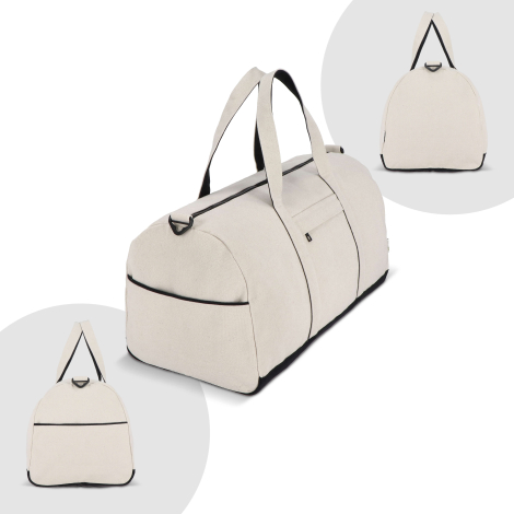 Sac de voyage beige présenté de trois quarts avec vues secondaires des faces latérales, sans marquage apparent.