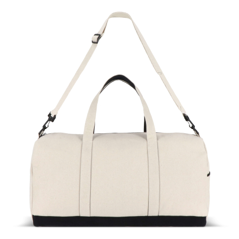 Vue arrière d’un sac de voyage beige avec bandoulière réglable visible, sans personnalisation apparente.