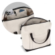 Sac de voyage beige présenté ouvert avec compartiments intérieurs visibles dans une vue rapprochée, sans marquage apparent. Sac de voyage beige présenté ouvert avec compartiments intérieurs visibles dans une vue rapprochée, sans marquage apparent.