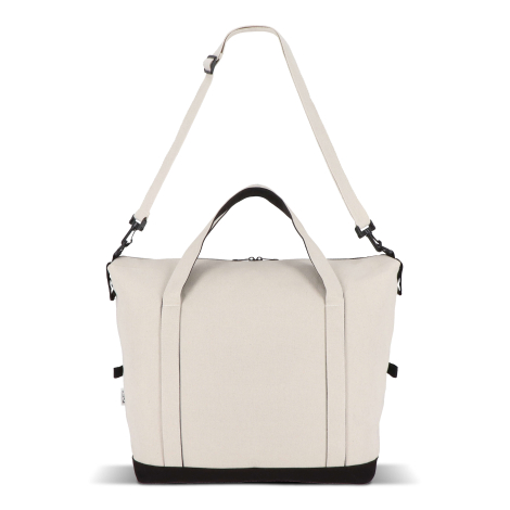 Vue arrière d’un sac de voyage beige avec bandoulière réglable visible, sans marquage apparent.