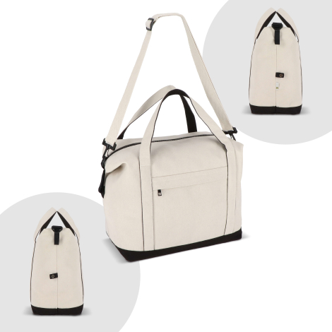 Sac de voyage beige présenté de trois quarts avec vues secondaires des faces latérales, sans personnalisation visible.