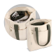Sac cabas beige en toile avec anses vert kaki présenté avec une vue rapprochée de l’intérieur et des compartiments de rangement, Sac cabas beige en toile avec anses vert kaki présenté avec une vue rapprochée de l’intérieur et des compartiments de rangement,