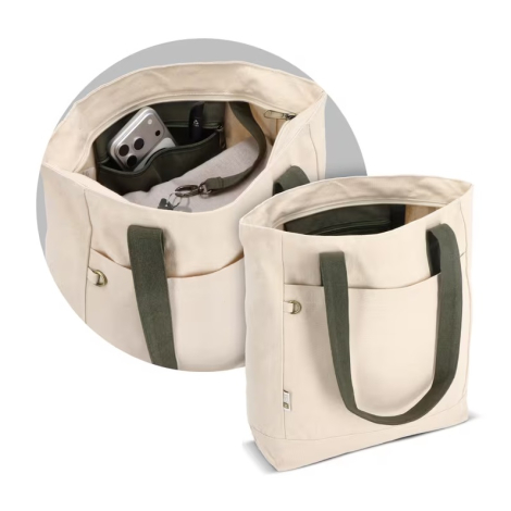 Sac cabas beige en toile avec anses vert kaki présenté avec une vue rapprochée de l’intérieur et des compartiments de rangement,