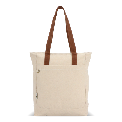 Sac cabas beige en toile avec longues anses marron, présenté sans marquage apparent.