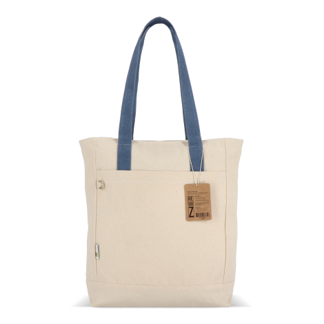 Sac cabas beige en toile avec longues anses bleues présenté de face avec étiquette produit visible, sans personnalisation appare