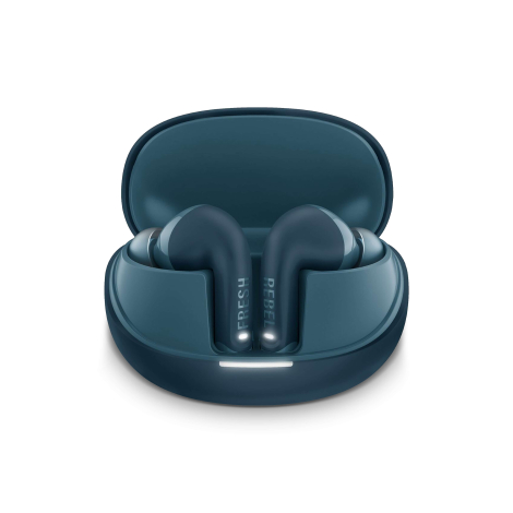 Boîtier de recharge bleu ouvert avec écouteurs intra-auriculaires assortis, présenté sans personnalisation visible.