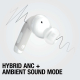 Visuel promotionnel d’un écouteur intra-auriculaire blanc avec indication de réduction de bruit et mode ambiant. Visuel promotionnel d’un écouteur intra-auriculaire blanc avec indication de réduction de bruit et mode ambiant.