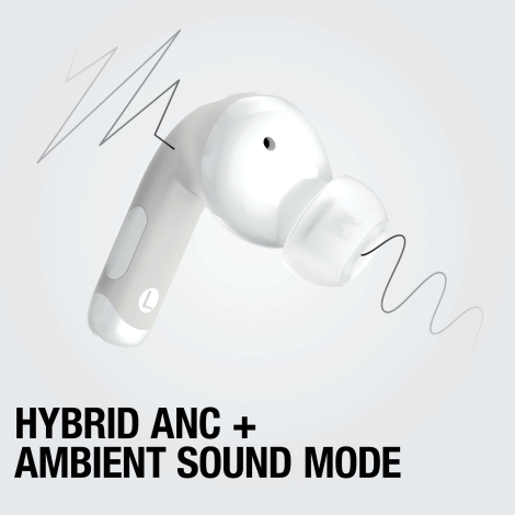 Visuel promotionnel d’un écouteur intra-auriculaire blanc avec indication de réduction de bruit et mode ambiant.