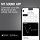 Application mobile de réglages audio affichée sur smartphone dans un visuel promotionnel des écouteurs. Application mobile de réglages audio affichée sur smartphone dans un visuel promotionnel des écouteurs.