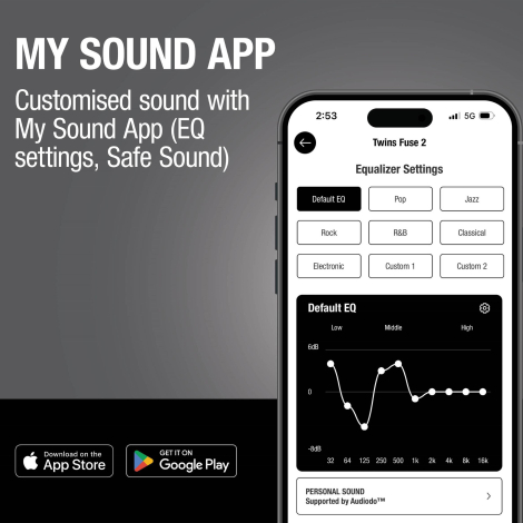 Application mobile de réglages audio affichée sur smartphone dans un visuel promotionnel des écouteurs.